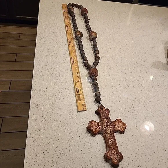 Very Large Old Rosary, Souvenir de Liesse Pottery Stoneware Heavy 56 Length